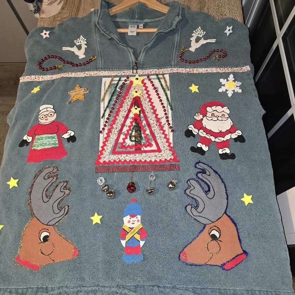 1 of a Kind Custom Handmade Ugly Christmas Sweater Bells Santa Women's XL XXL 2X - Picture 2 of 6